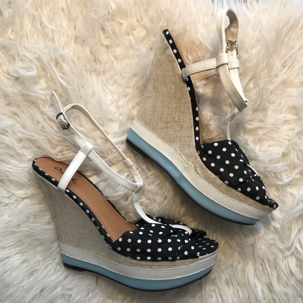 Black and white polka dot wedge sandals